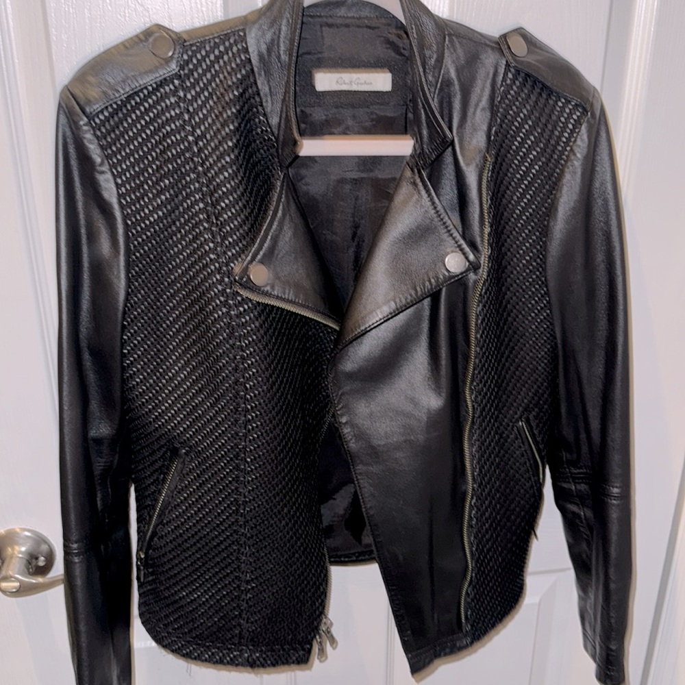 Robert Graham Black Leather Moto Jacket with Quilted Detailing